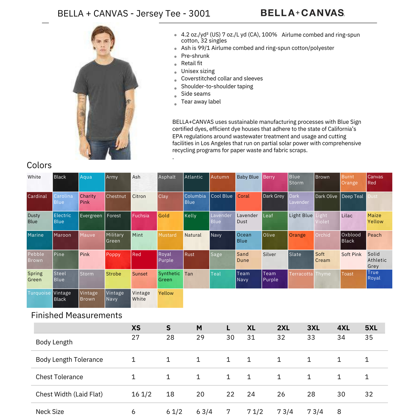 Bella + Canvas 3001 Spec Sheet