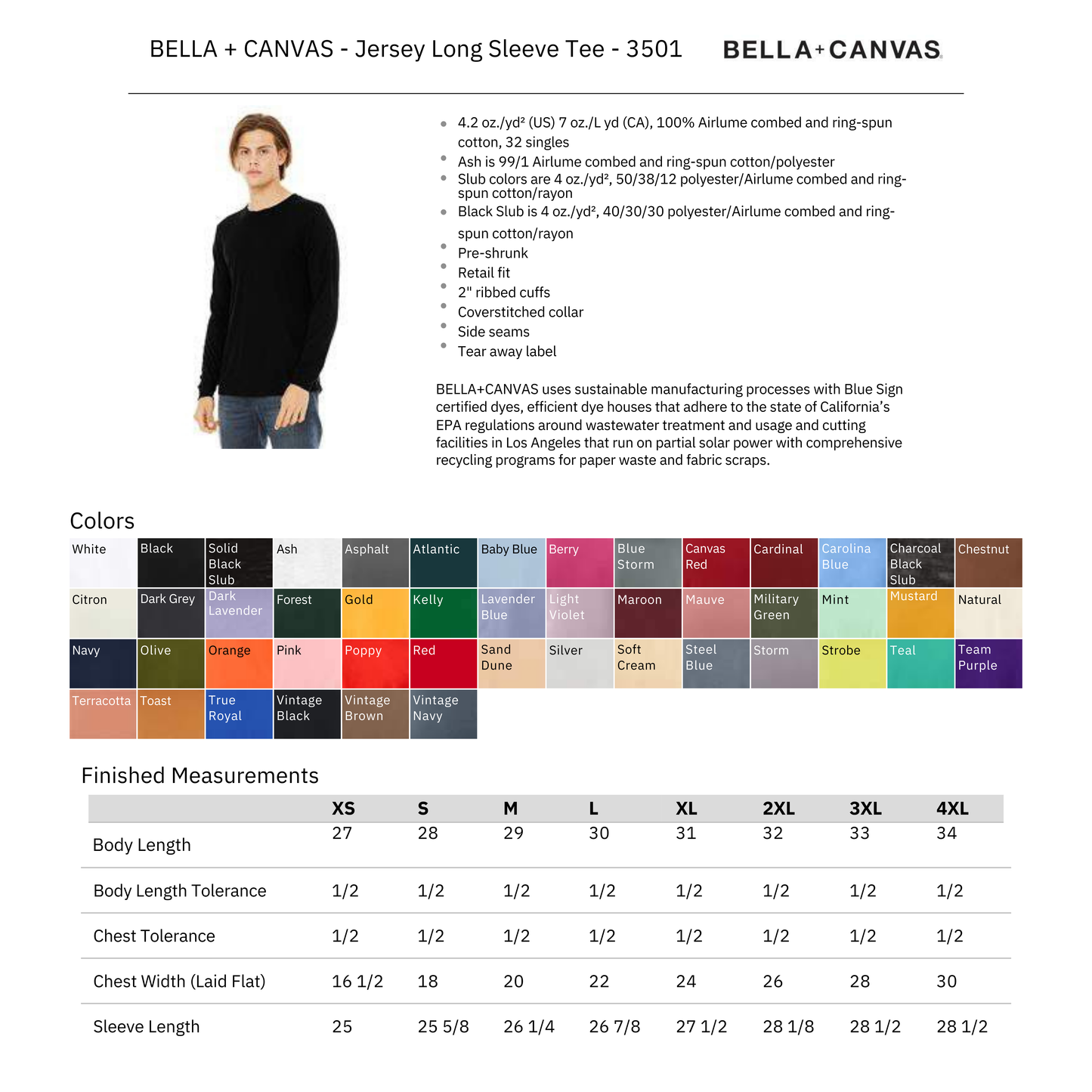 Bella Canvas 3501 Spec Sheet