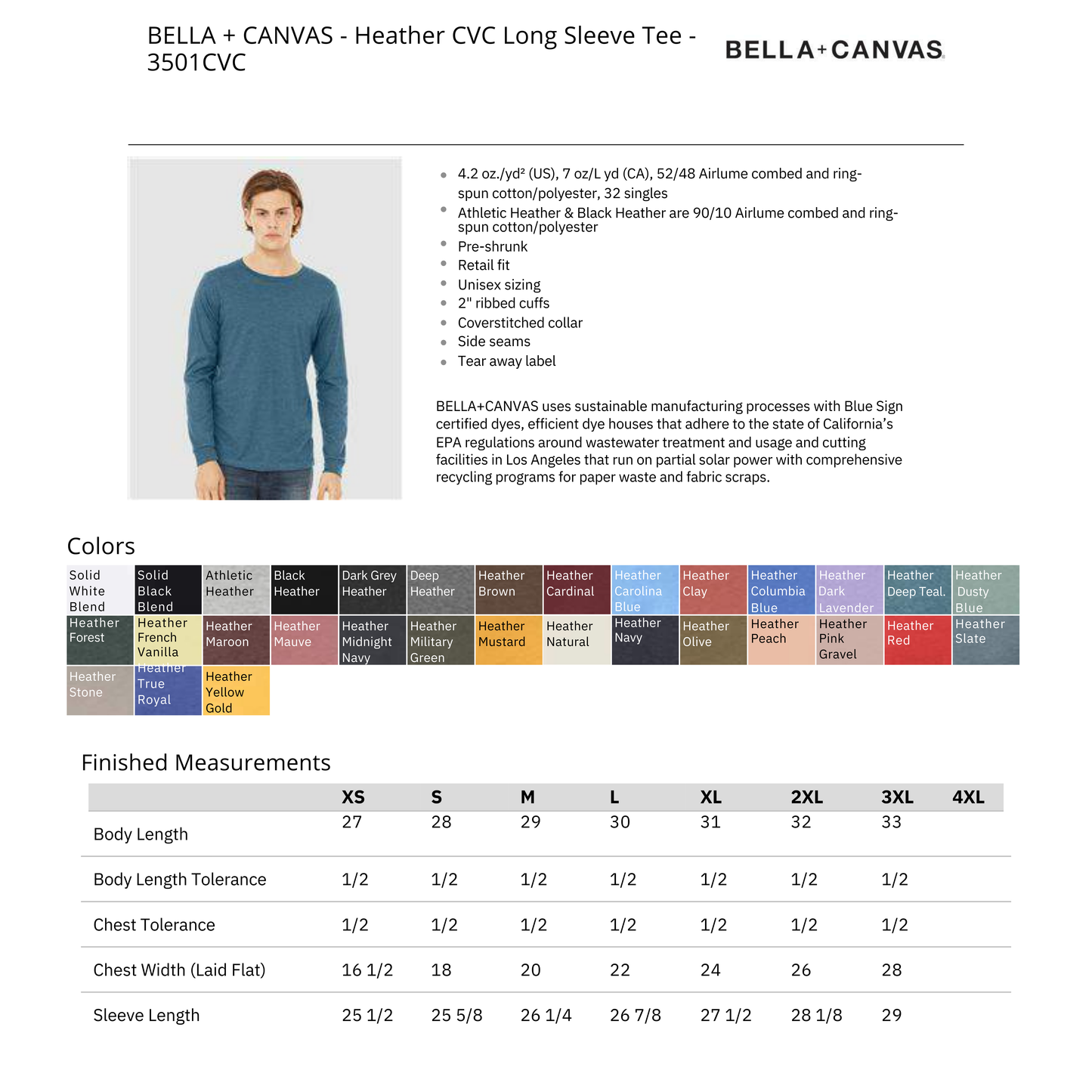 Bella Canvas 3501CVC Spec Sheet