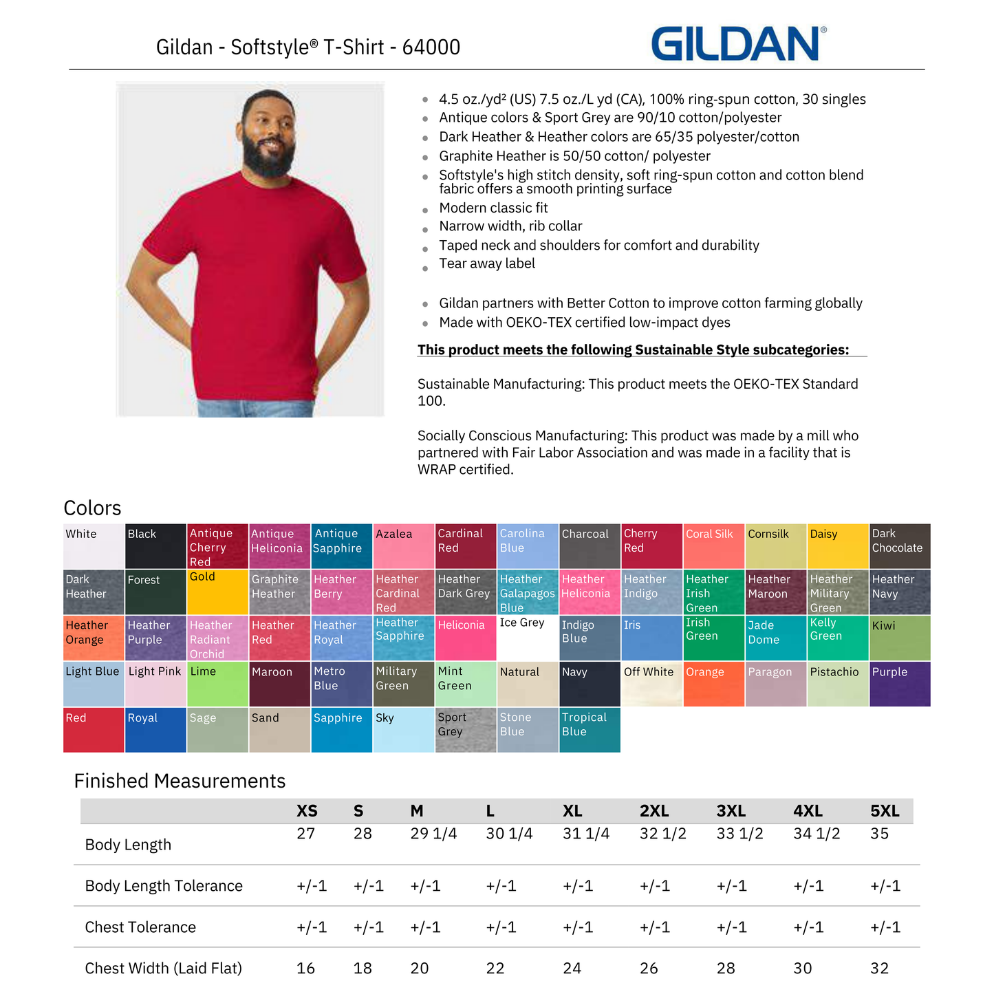 Gildan Softstyle 64000 Spec Sheet