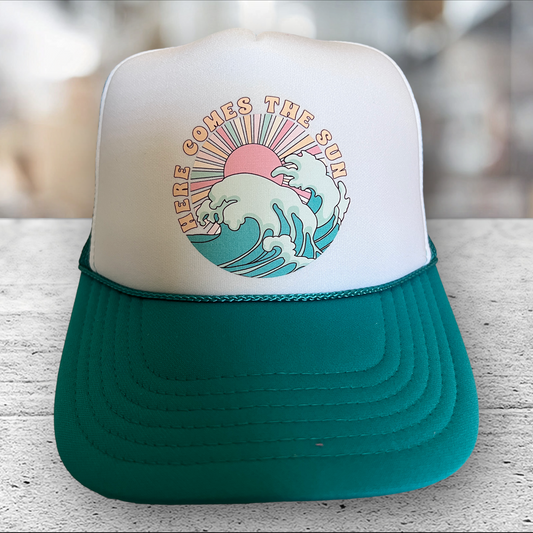 jade/white trucker hat with here comes the sun design